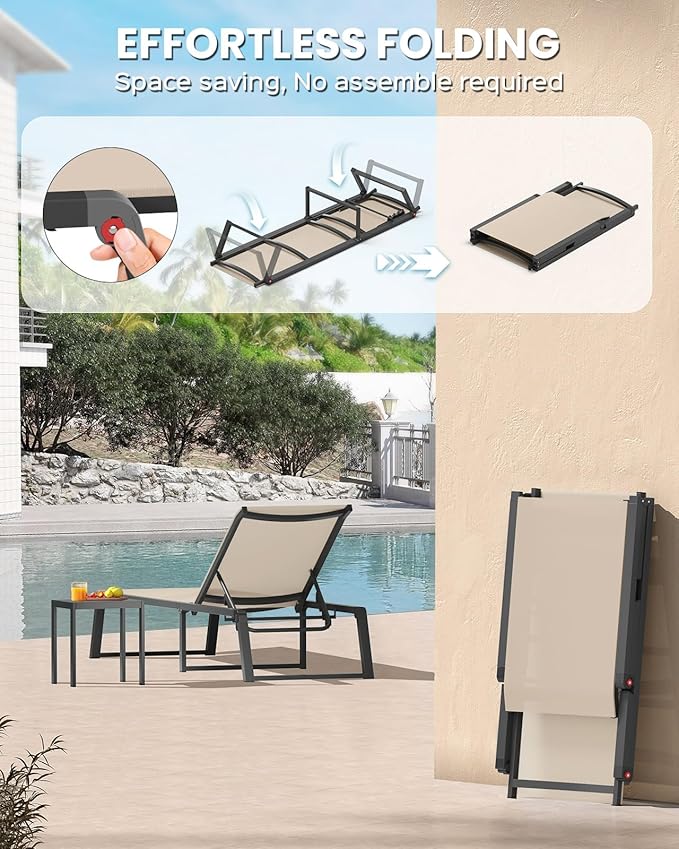 Aluminum Chaise Lounge Outdoor Set of 2, Foldable & No Assembly Patio Pool - Image 3