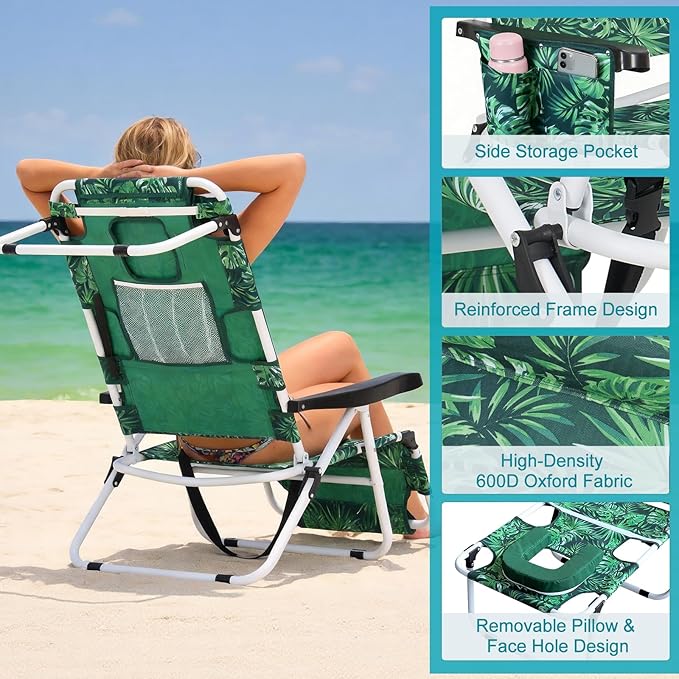 ABORON Tanning Chair with Face Hole, 5-Position Adjustable Reclining Beach - Image 6