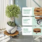 Idzo 2-Pack 14 Inch Acacia Wood Rolling Round Plant Caddy, Plant Caster - Image 2