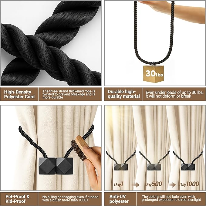 Hion Magnetic Curtain Tiebacks Black 6 Pack, Curtain Tiebacks Buckles Holdbacks - Image 3