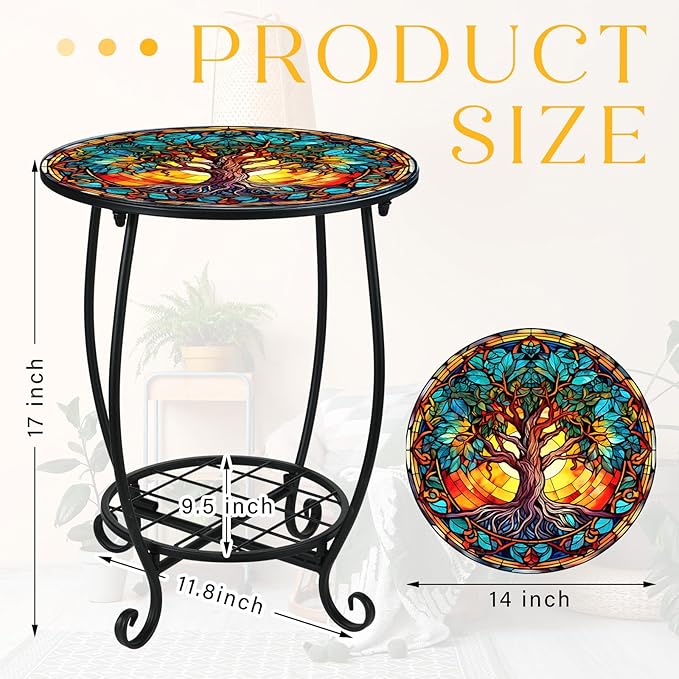 Outdoor Side Table Round Small Mosaic Patio Accent Indoor End Plant Coffee Tea - Image 3