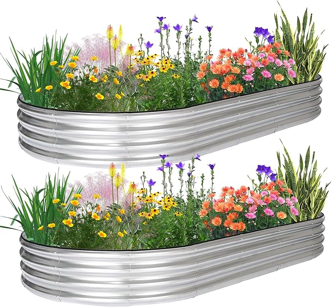 JERIA 2 Pcs 8×4×1ft Oval Raised Garden Bed, Galvanized Raised Garden Bed Kit by JERIA