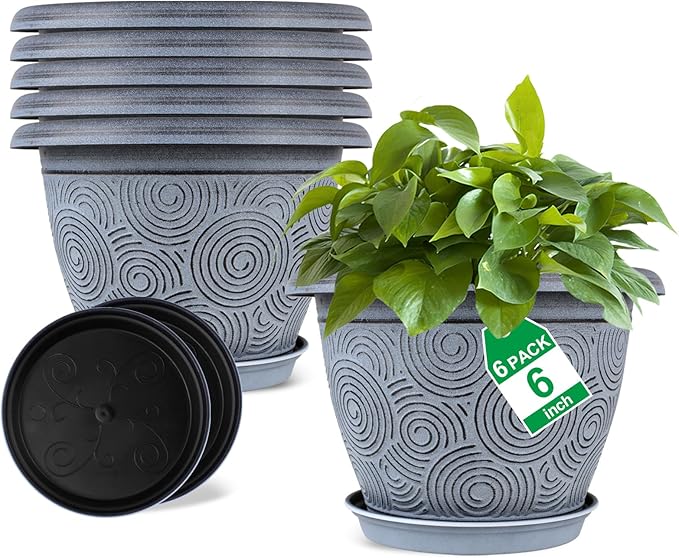 6 Inch Flower Pots Planters for Indoor Outdoor Plants, 6 Pack Plastic Small by Fodetyff