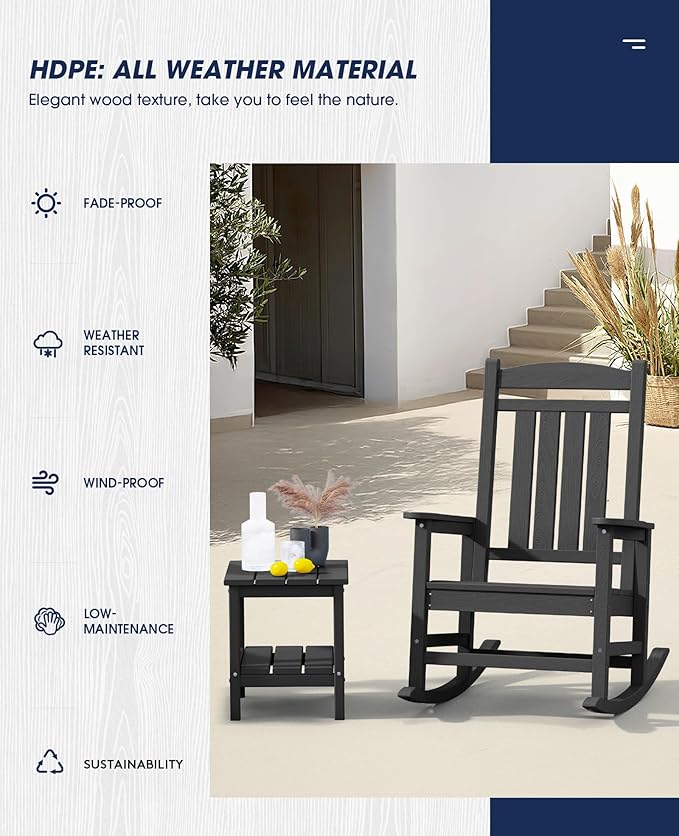 KINGYES HDPE Outdoor Rocking Chair, Widened Seat Patio Rocking Chair, Oversized - Image 5