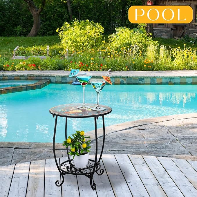 Outdoor Side Table Round Small Mosaic Patio Accent Indoor End Plant Coffee Tea - Image 6