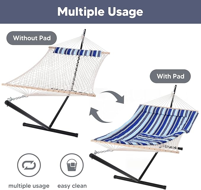 SUNCREAT Double Hammock with Stand, Two Person Cotton Rope Hammock - Image 3
