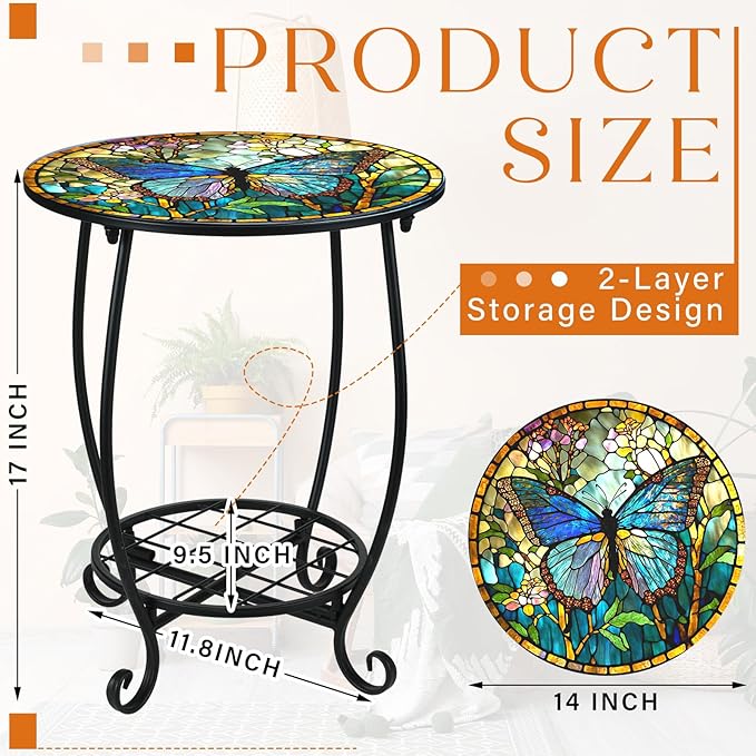 Outdoor Side Table Round Small Mosaic Patio Accent Indoor End Plant Coffee Tea - Image 3