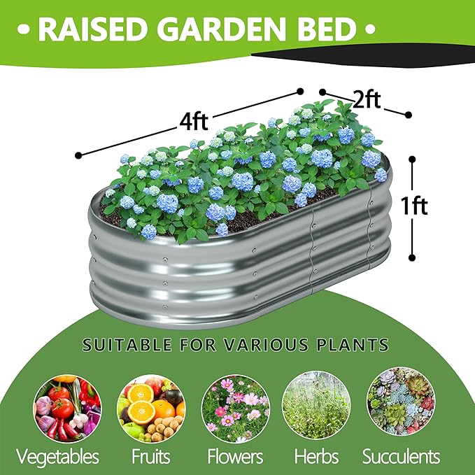 4x2x1ft Galvanized Oval Raised Garden Bed, Outdoor Planter Box Metal Patio Kit - Image 2