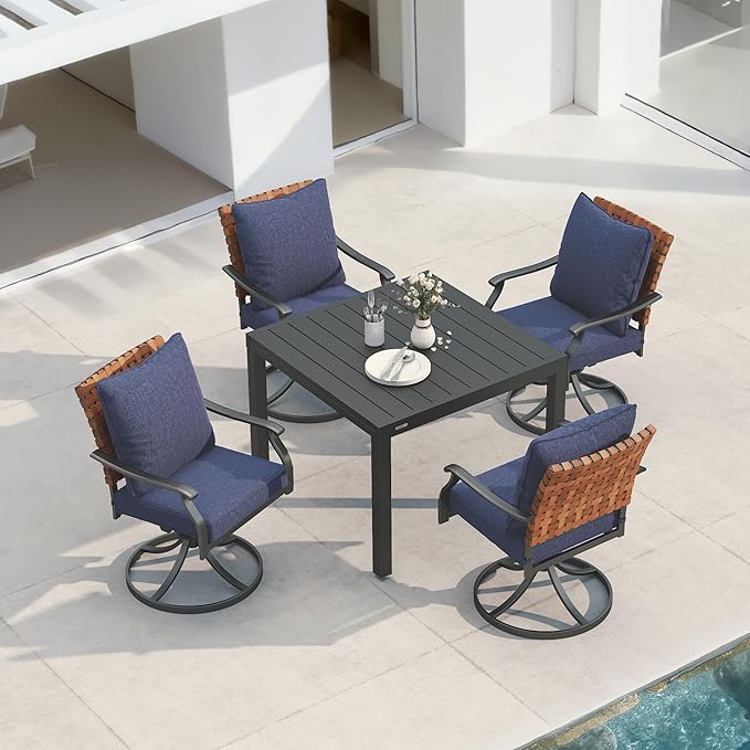 Grand patio 5-Piece Outdoor Dining Set, 4 Leather-Look Wicker Blue Swivel Patio by GrandPatio