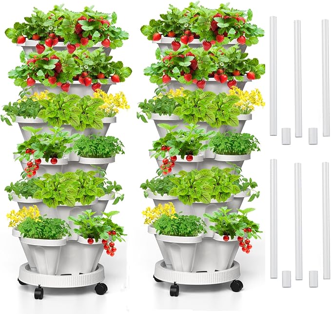 6 Tiered Strawberry Vertical Planters 2 Pack, Stacking Tower Garden by Tectsia