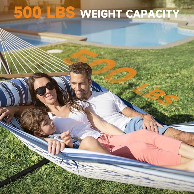 2 Person Outdoor Hammock with Stand, Cotton Rope Hammock with Polyester Pad - Image 4