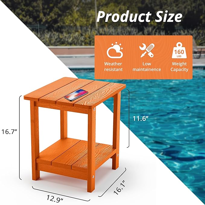 LUE BONA Adirondack Outdoor Side Table, 2-Tier Orange HDPS Patio End Table - Image 2
