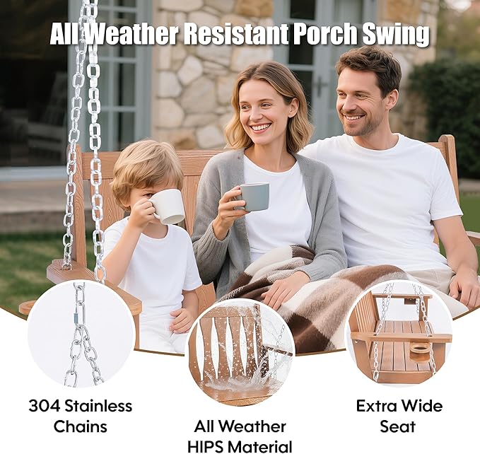 HIPS All-Weather Outdoor Hanging Porch Swing, 2 Seat Hanging Swing Bench - Image 3