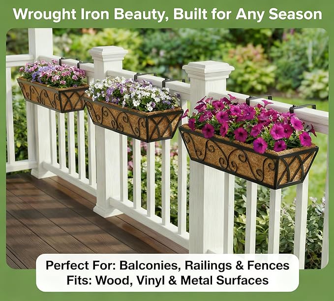 Y&M 24 Inch Window Deck with Coco Liner, Fence Metal Hanging Flower Planter - Image 2