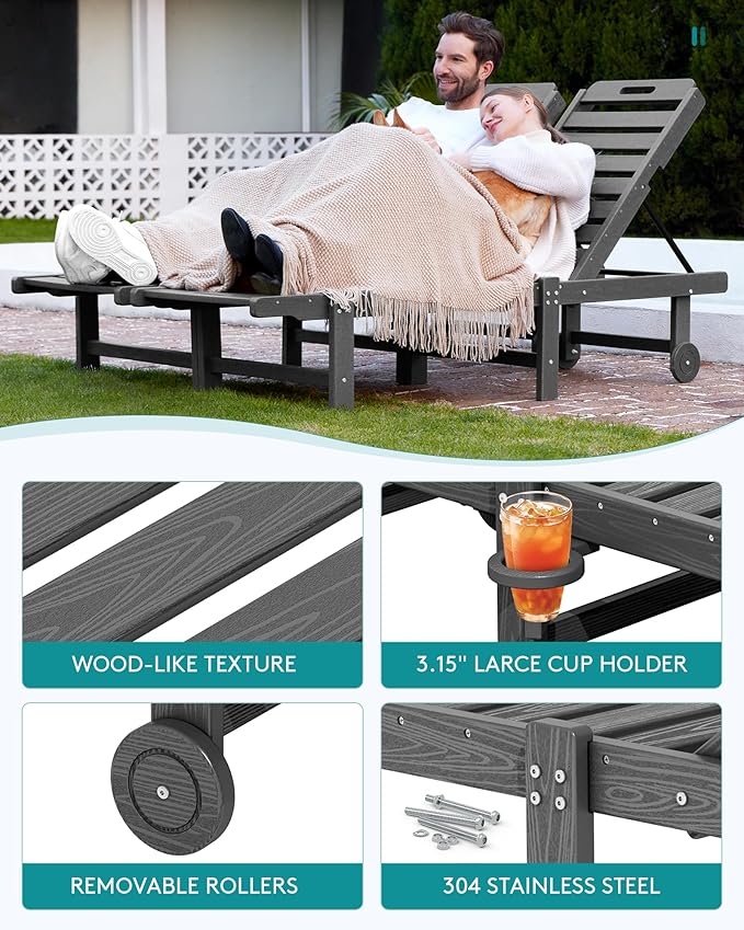 SERWALL Outdoor Chaise Lounge Set of 6, HDPE Pool Lounge Chair - Image 5