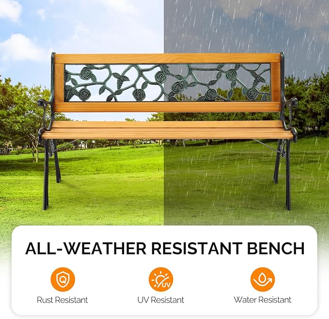 VINGLI Outdoor Bench Metal Garden Bench, Wood Patio Benches w/PVC Backrest Cast - Image 6