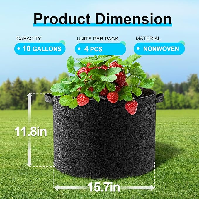 Land Guard 4-Pack Fabric Grow Bags 10 Gallon, Thickened Nonwoven Garden Pots - Image 2