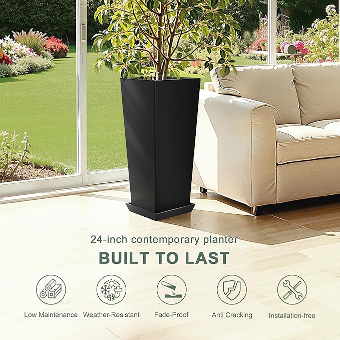 24" Set of 2 Tall Black Planters - Image 5