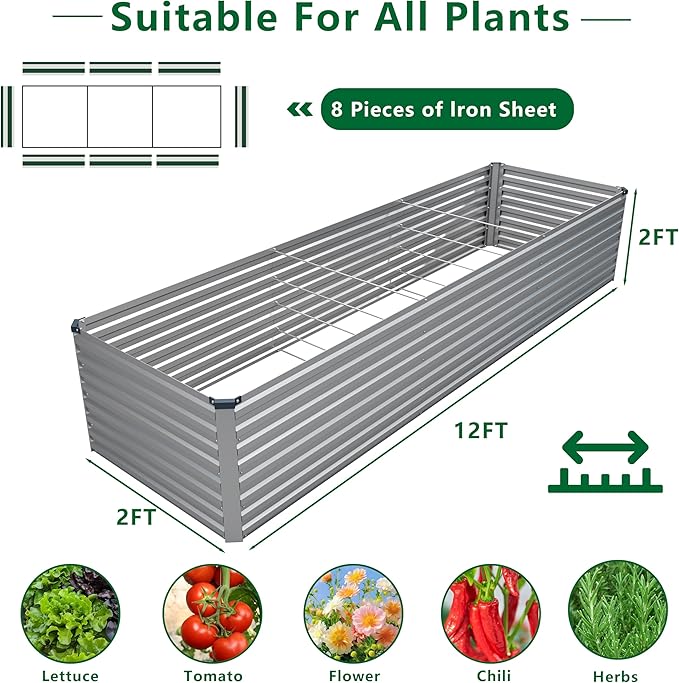 12x2x2FT Galvanized Raised Garden Bed Kit, Vegetable Plant Boxes-Rectangle - Image 2