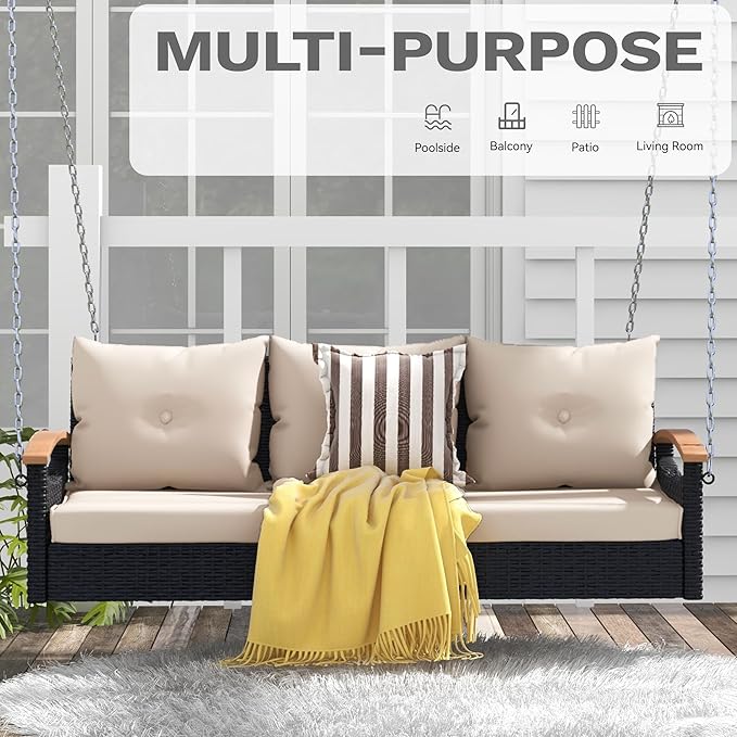 DWVO 3 Seats Porch Swing Hanging Bench Swing Outdoor Wicker Patio Swing Lounge - Image 2