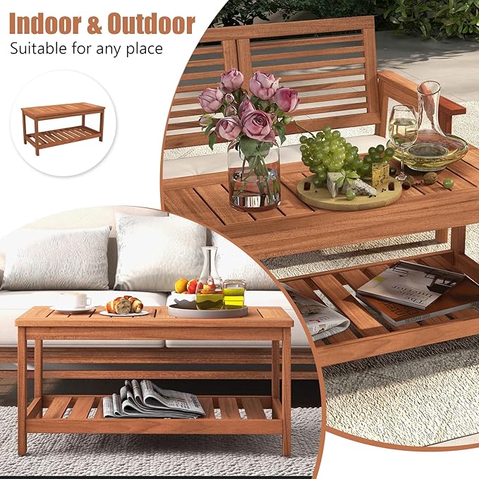 Tangkula Wood Outdoor Coffee Table, 2-Tier Patio Coffee Table - Image 7