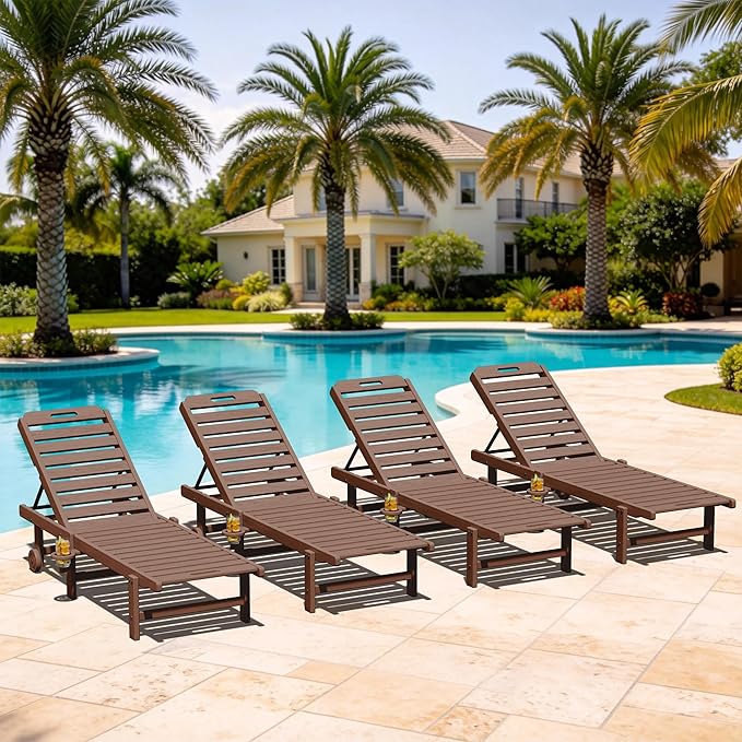 SERWALL Patio Chaise Lounge Set of 4, HDPE Outdoor Lounge Chair by SERWALL