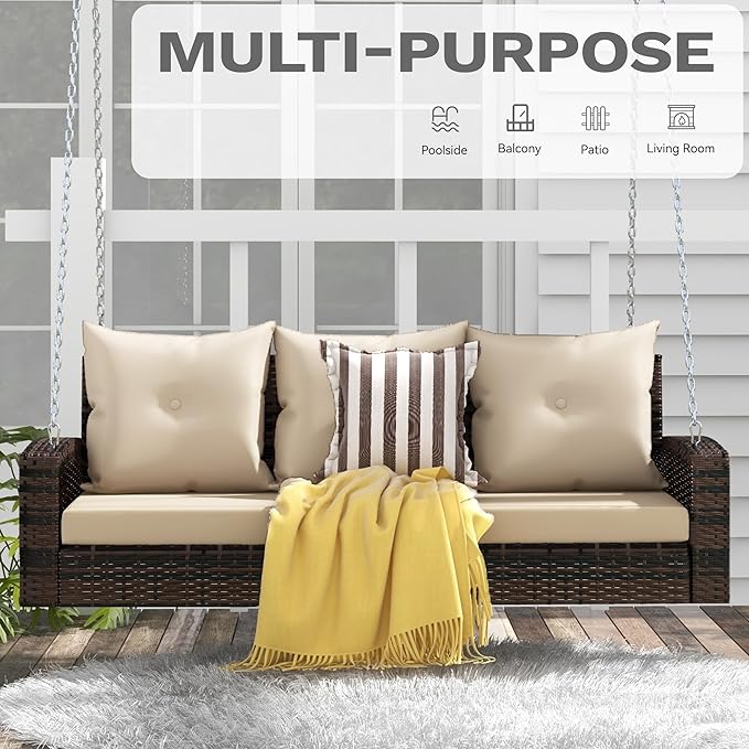 DWVO 3 Seats Porch Swing Hanging Bench Swing Outdoor Wicker Patio Swing Lounge - Image 2