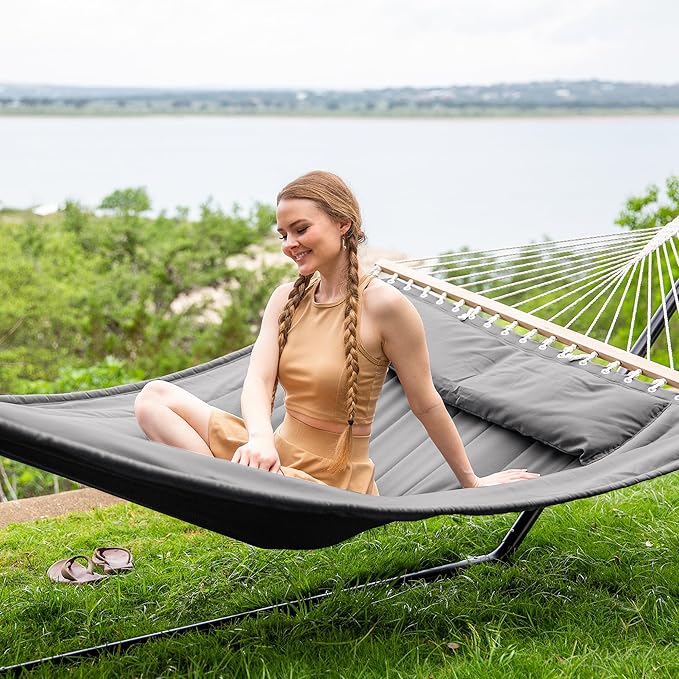 SUNCREAT Double Hammock with 15 ft Stand, Outdoor Hammock with Stand, Balance - Image 2