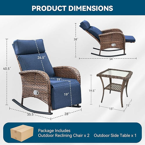 3 Pieces Zero Gravity Wicker Patio Rocking Recliner Chairs Set of 2 - Image 2