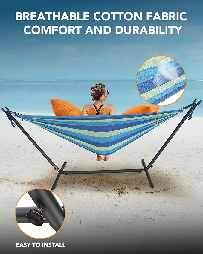 Double Hammock with Space-Saving Steel Stand, 2 Person Heavy-Duty Hammock - Image 5