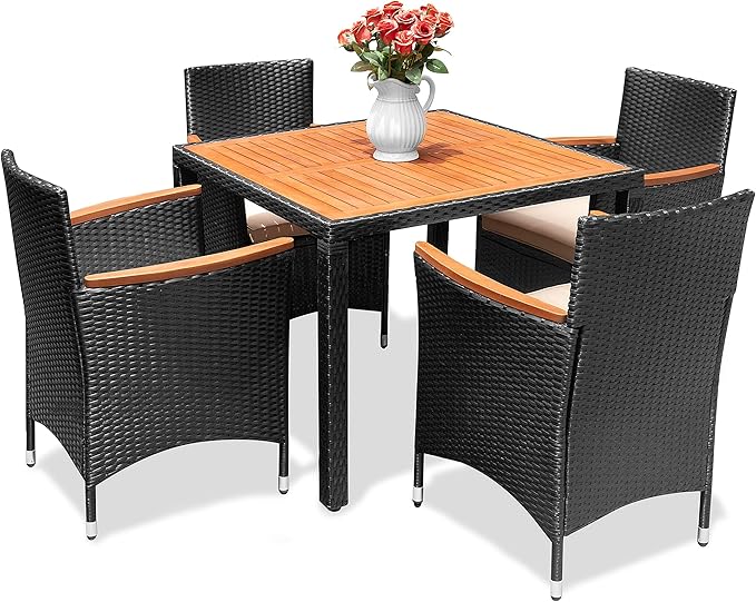 Flamaker 5 Piece Patio Dining Set Outdoor Acacia Wood Table and Chairs by Flamaker