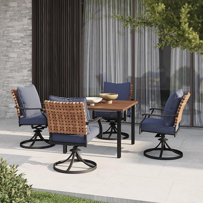 Grand patio 5-Piece Outdoor Dining Set, 4 Leather-Look Wicker Swivel Blue Patio - Image 2