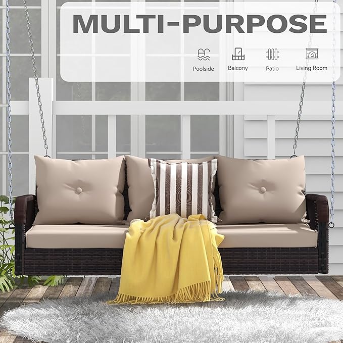 DWVO 3 Seats Porch Swing Hanging Bench Swing Outdoor Wicker Patio Swing Lounge - Image 2