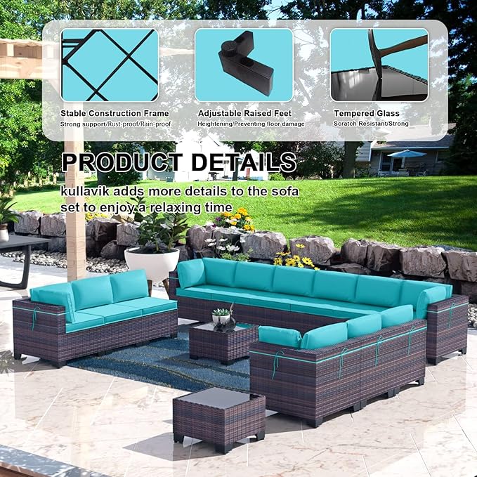 Kullavik 14 Pieces Outdoor Patio Furniture Set PE Wicker Rattan Sectional Sofa - Image 3