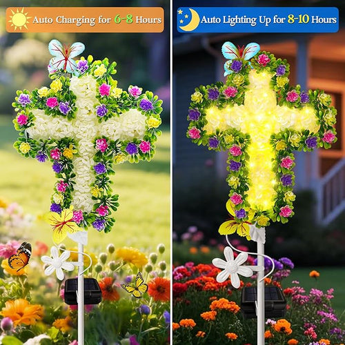 2 Pack Solar Flower Cross for Cemetery Grave, Grave Decorations for Cemetery - Image 2