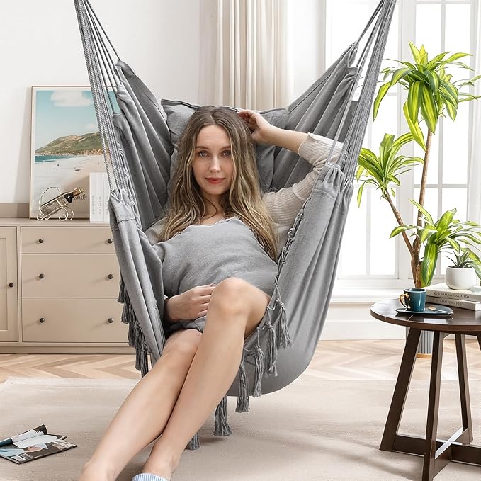 Y- STOP Hammock Chair Hanging Rope Swing, Max 500 Lbs, 2 Cushions Included - Image 2