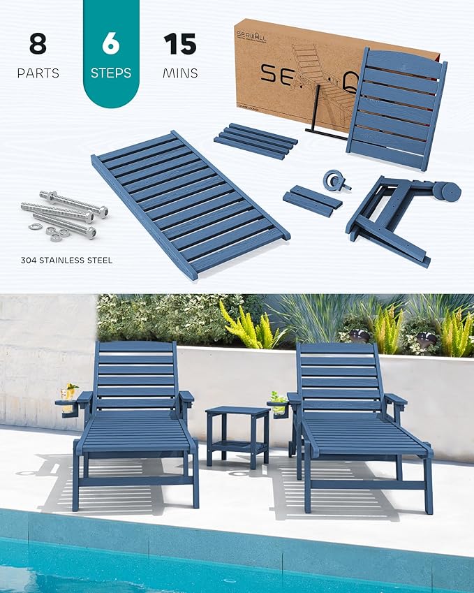 SERWALL Patio Chaise Lounge Chair Set of 2, Poly Lounge Chair - Image 6