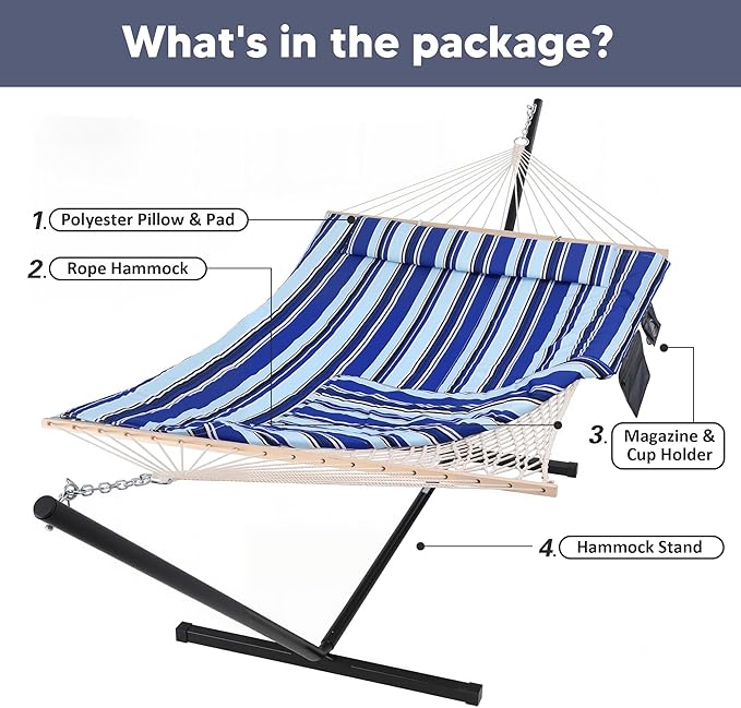 SUNCREAT Double Hammock with Stand, Two Person Cotton Rope Hammock - Image 7