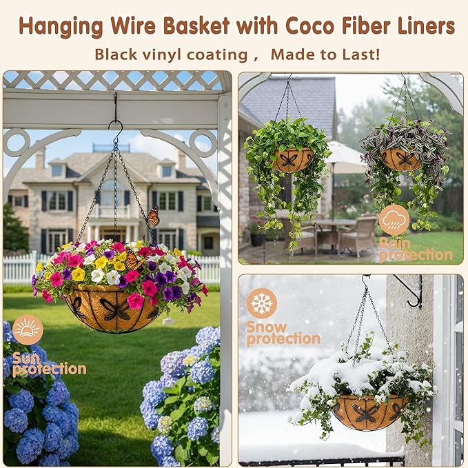 12 inch Metal Hanging Baskets For Plants Outdoor 4 Pack Round Metal Wire - Image 3
