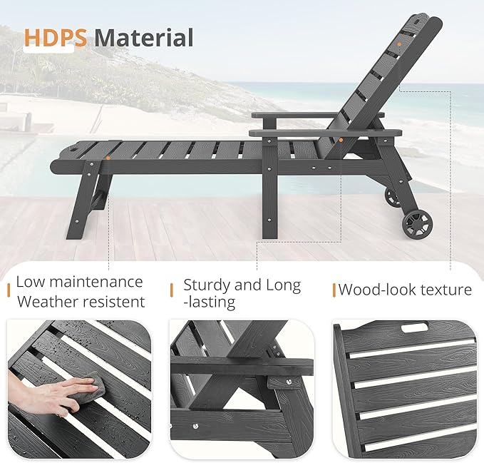 LUE BONA Outdoor Chaise Lounge, HDPS Chaise Lounger, 5 Positions Adjustable - Image 7