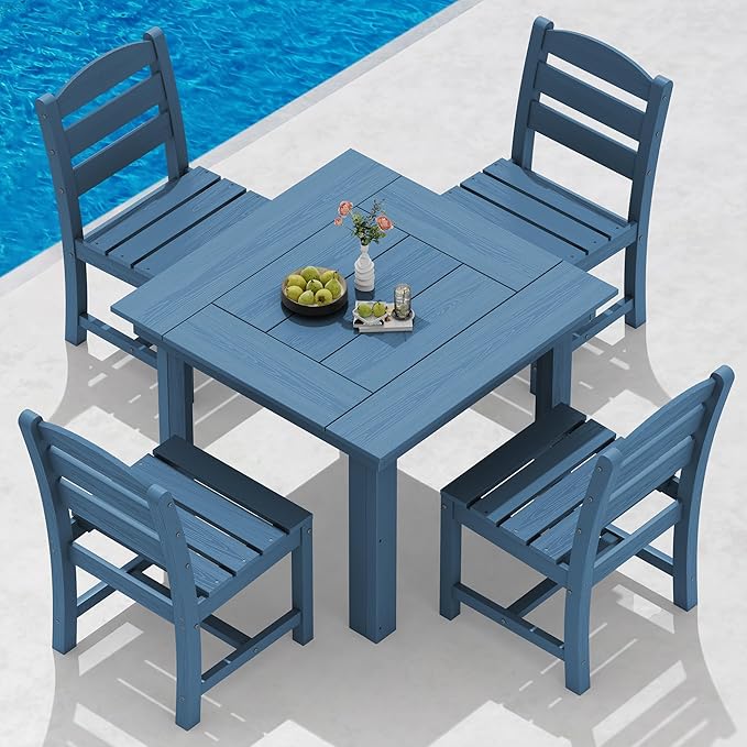 SERWALL Outdoor Dining Set for 4, HDPE Square Table and Chairs Set All Weather by SERWALL