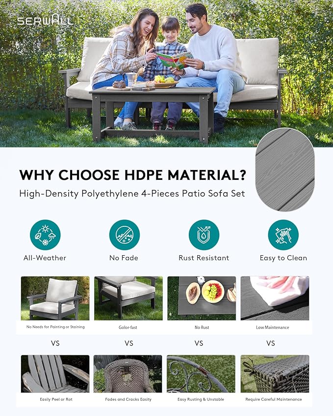 SERWALL HDPE Patio Sofa Set, 4-piece Sectional Outdoor Furniture Set, All - Image 3
