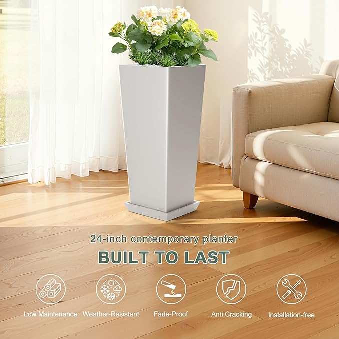 24" Tall White Planters for Outdoor Plants Set of 2, Large Flower Pots Planters - Image 4