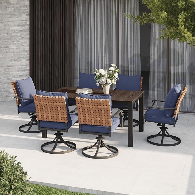 Grand patio 7-Piece Outdoor Dining Set, 6 Leather-Look Wicker Swivel Blue Patio - Image 2