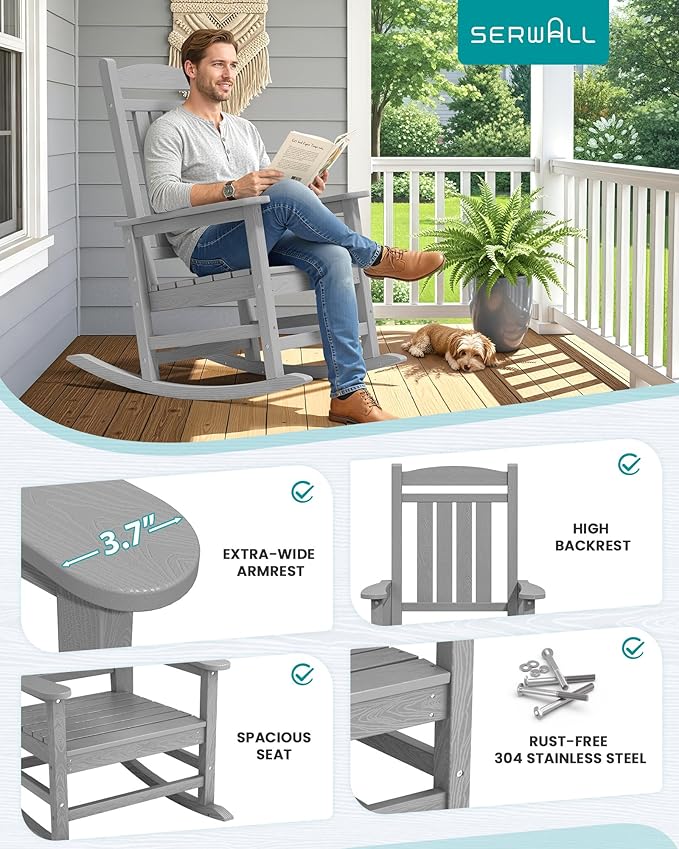 SERWALL Oversized Outdoor Rocking Chair, All-Weather Patio Rocking Chair - Image 7