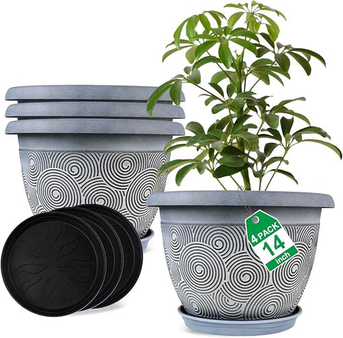 14 Inch Large Planter Pot for Plants Indoor Outdoor, 4 Pack Plastic Flower Pots by Fodetyff