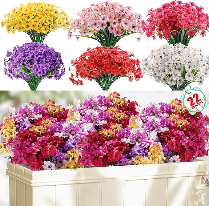 22 Pack Artificial Flowers for Outdoor Indoor Fake Plants, Faux Silk Flowers by Powbrace