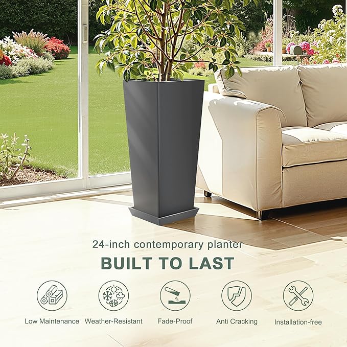 Set of 2 Tall Planters with Drainage Tray, 24 Inch Large Flower Pots - Image 3