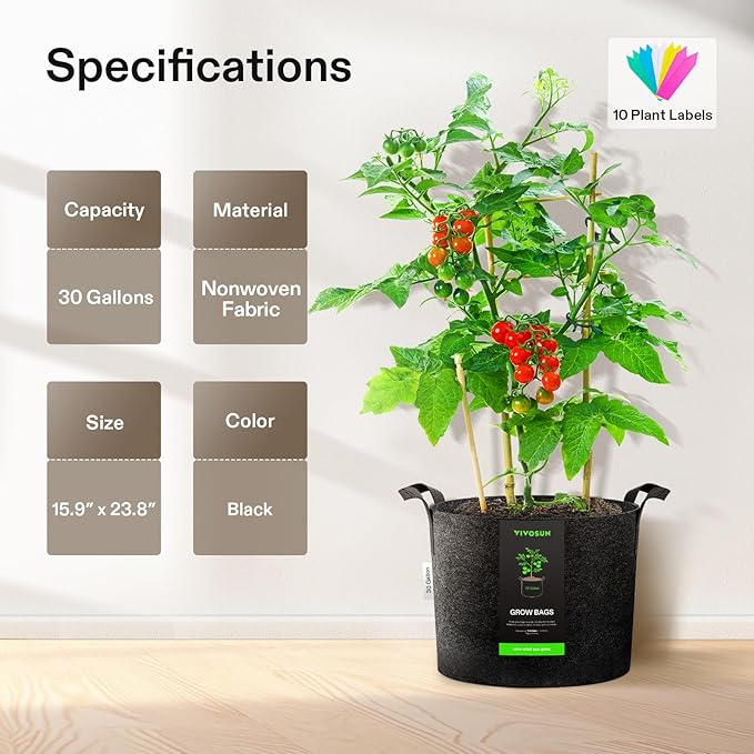VIVOSUN 5-Pack 30 Gallons Grow Bags, Heavy Duty Thickened Nonwoven Fabric Pots - Image 3