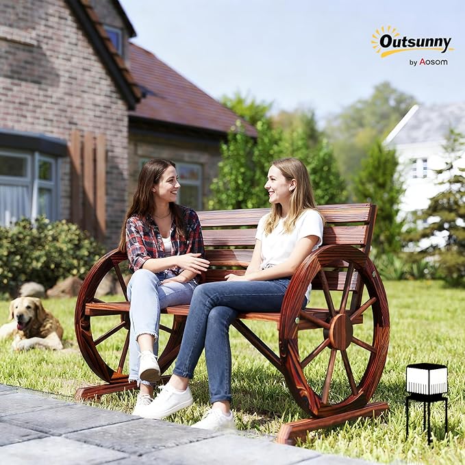 Outsunny 41" Wooden Wagon Wheel Bench, Rustic Outdoor Patio Weather Resistance - Image 2